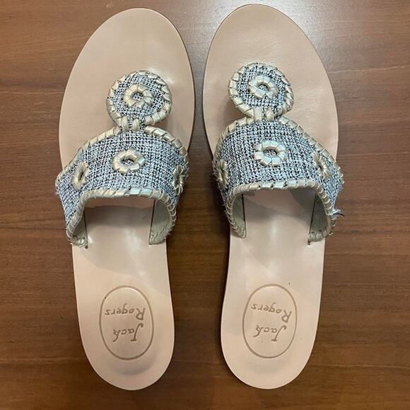 Jack Rogers Gold Leather & Tweed Sandals – Size 6.5 - Picture 1 of 6